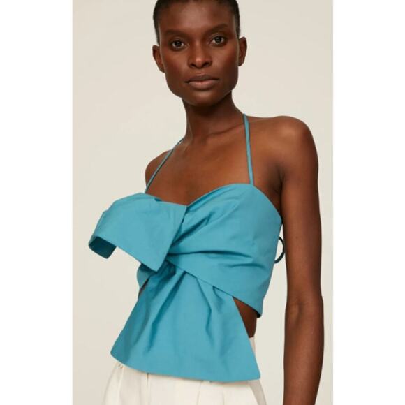 Bassike Size Small Knotted Poplin Crop Top Blue Cotton Halter Neck Sleeveless - Picture 1 of 13
